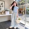 Girls' Fresh Summer Polo Set: Stylish Short-Sleeved Top & Casual Plaid Long Pants Two-Piece