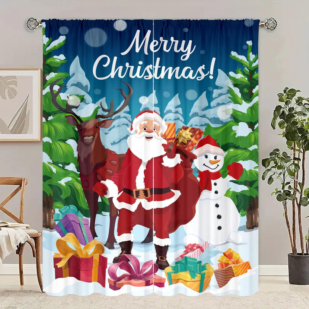 2pcs- Elk Christmas Decorative Printed Curtains - Polyester Material - Suitable for Bedroom, Living Room, Study