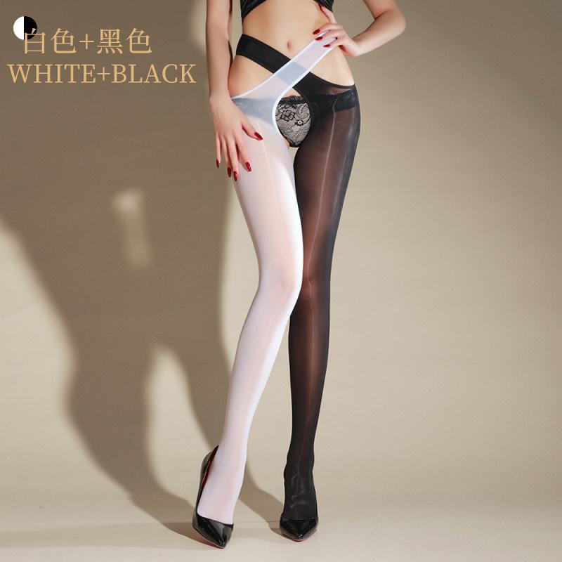 Sexy Horse Oil Stockings Cross Open Crotch Pantyhose 8D Glossy Tights Summer Ultra-thin Women's Erotic Temptation Black Stocking