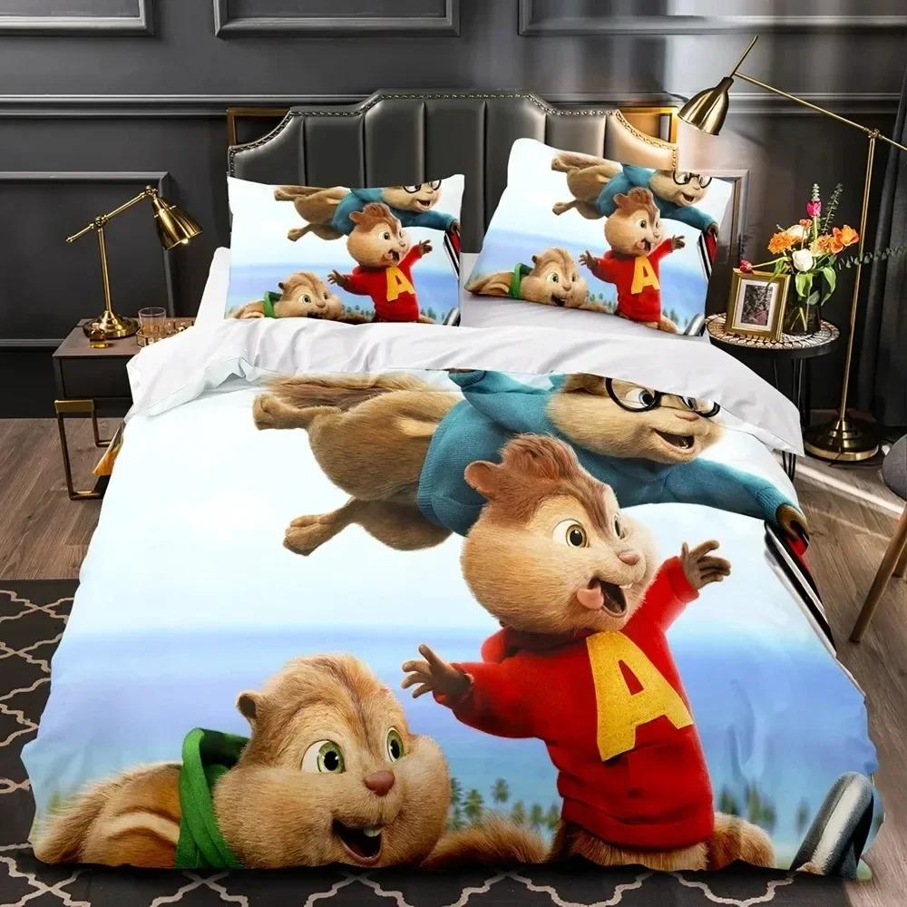 3D Printed Cartoon Chipmunks Alvin Bedding Set Duvet Cover Bed Set Quilt Cover Pillowcase Comforter King Queen Size Boys Adult