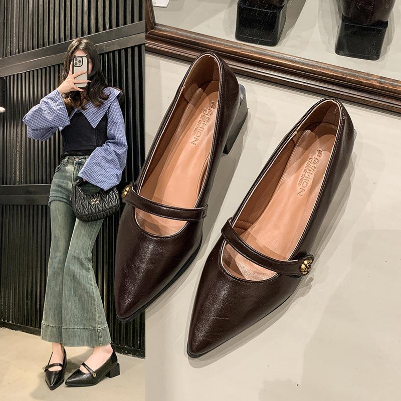 Pointed commuter shallow mouth single shoes women's spring and autumn French retro casual evening thick heel fashion Mary Jane small leather shoes