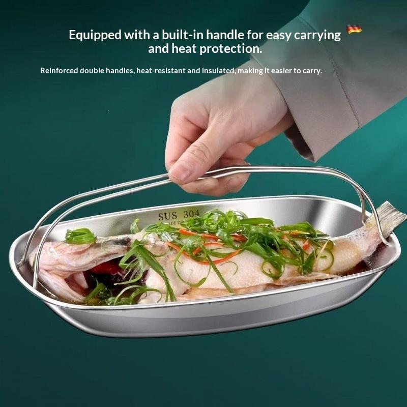 Stainless Steel Fish Serving Plate Thickened Heat-Resistant Steaming Tray Large Capacity With Handle Steaming Fish Plate Dining