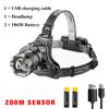 Ultra Bright White Laser LED Headlight Wave Sensing Zoom Flashlight Rechargeable Outdoor Night Fishing Head Mounted Headlight