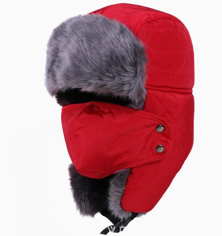 Unisex Warm Russian Troop Style Winter Aviator Bomber Hats with Fur Windproof Mask 100% Polyester Plush for Hunting Trapper