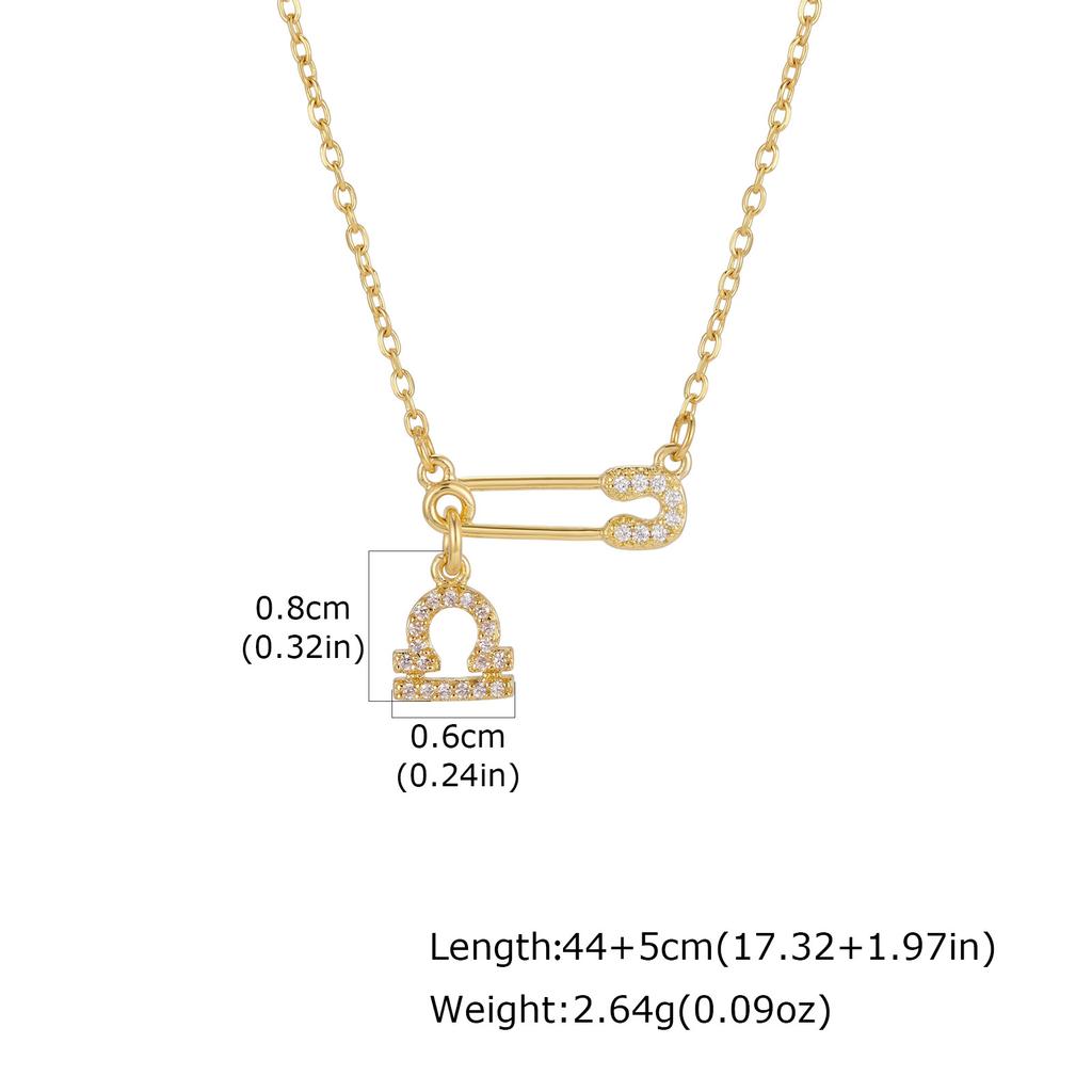 Zodiac Necklace Gold Plated Stainless Steel Chain Safety Pin 12 Constellation Horoscope Pave CZ Pendant Waterproof
