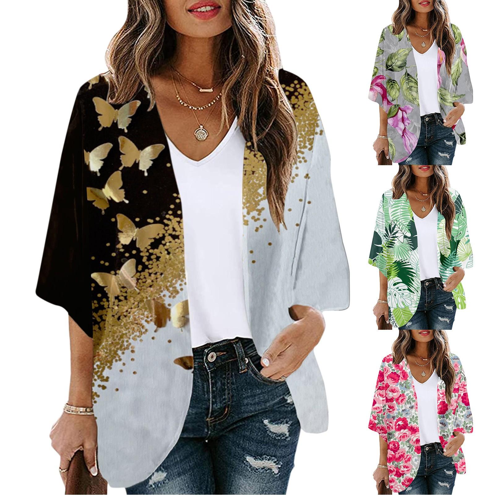 

Женский модный повседневный кардиган со средним рукавом и цифровой печатью без пуговиц