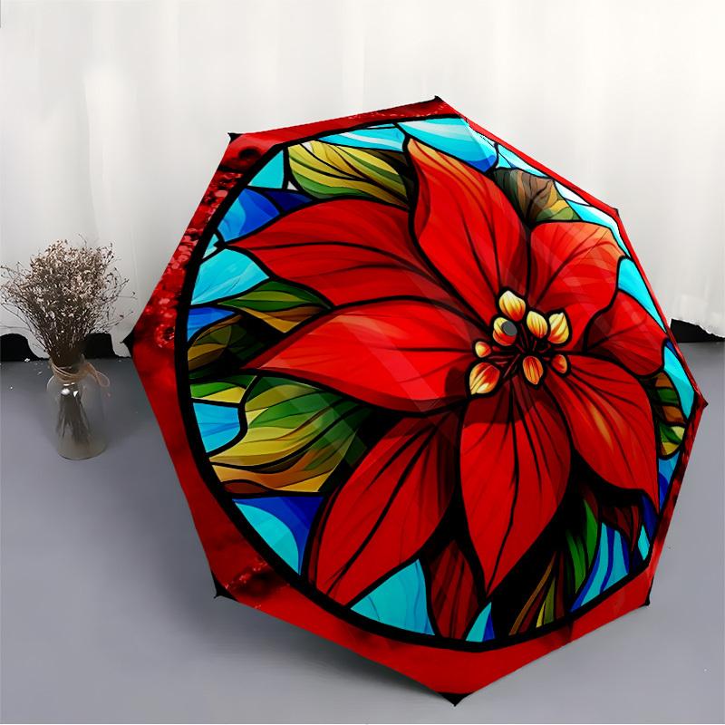 1pc Stained Glass Automatic Folding Umbrella - 8-Rib Iron Frame, Windproof, Portable Sunshade with Plastic Handle for Travel & Outdoor Activ