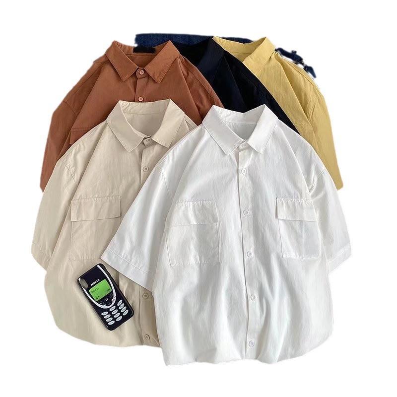 Solid Color Short Sleeve Shirt, Unisex Summer Korean Style Cool Workwear Top Trendy Loose Fit Shirt Jacket