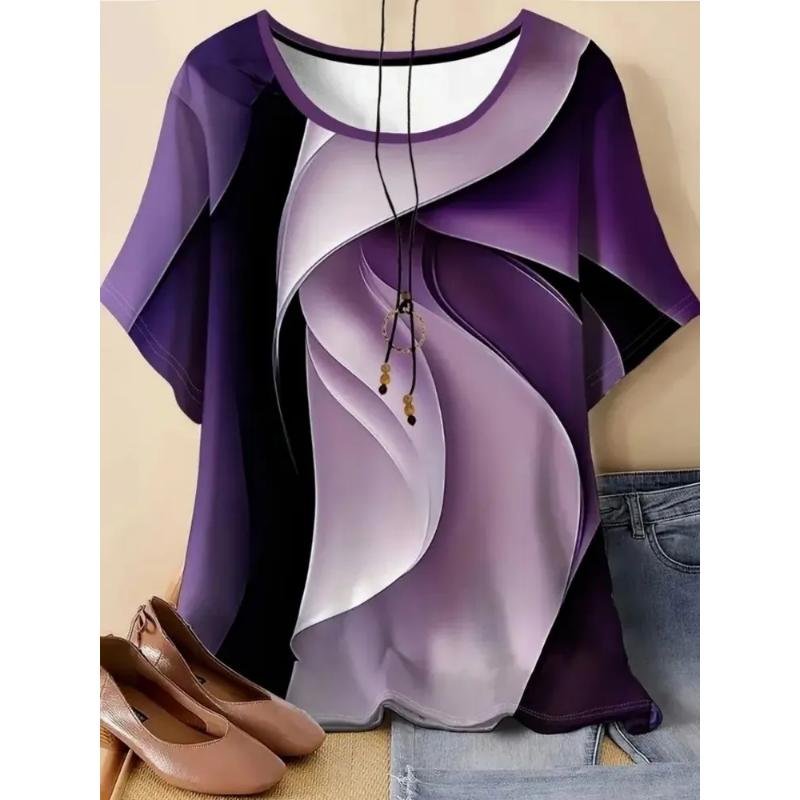 Fashion Women's Crew Neck Short Sleeve 3D Color Printing Striped Short Sleeve Crew Neck T-Shirt