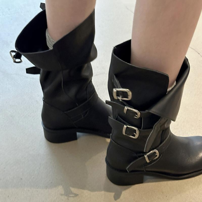 

Cowhide version~ Retro belt buckle medium tube knight boots women s thick heel round head short boots slim straight western cowboy boots 40 чёрный