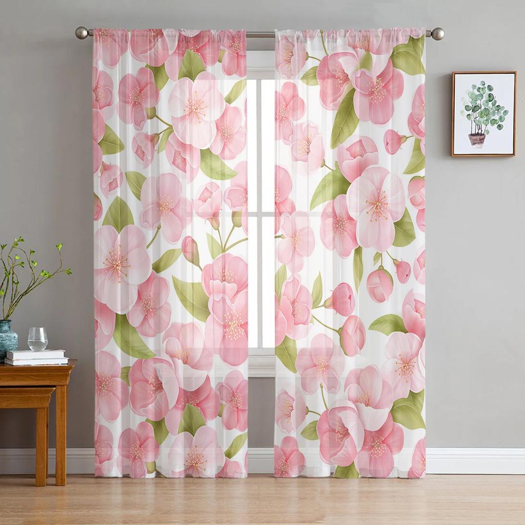 Spring Brown Background Peach Blossom Tulle Curtains Living Room Home Decor Window Curtain Kitchen Voile Sheer Made Of Polyester Sitting
