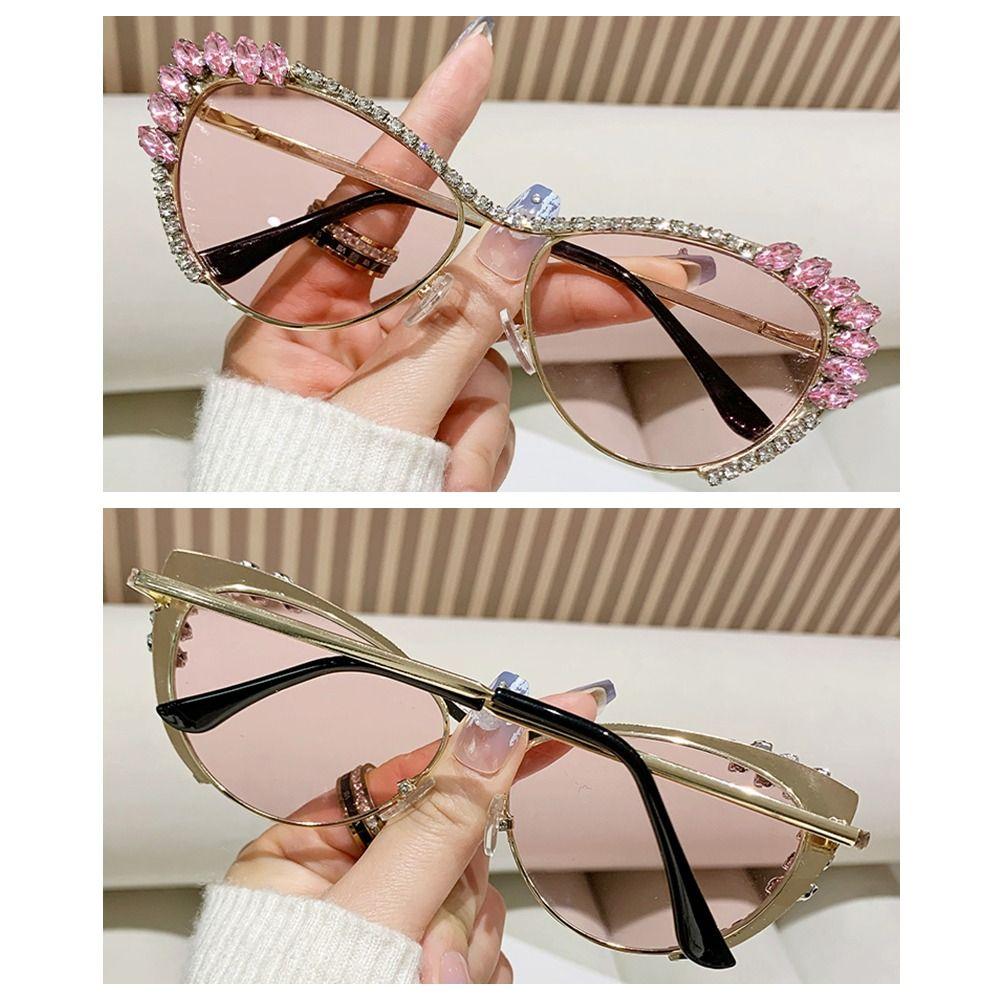 Fashion Cat-Eye Rhinestone Embellished Metal Sunglasses Street Style UV Protection Women's Shades Ladies Street Shooting Eyewear
