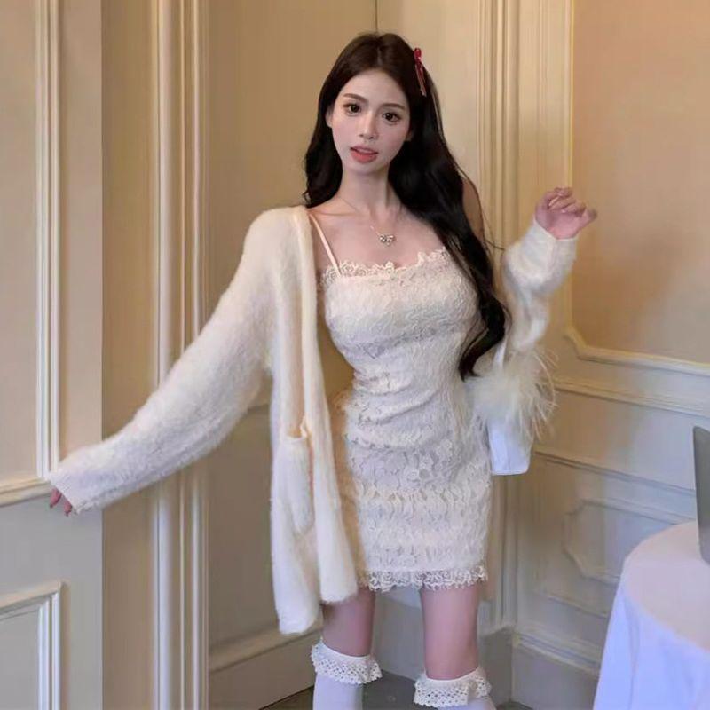 Real Shot of Early Spring Pure and Desirable Style, Gentle Temperament, Slim-Fit Lace Camisole Dress + Knitted Cardigan Fashion Set for Women