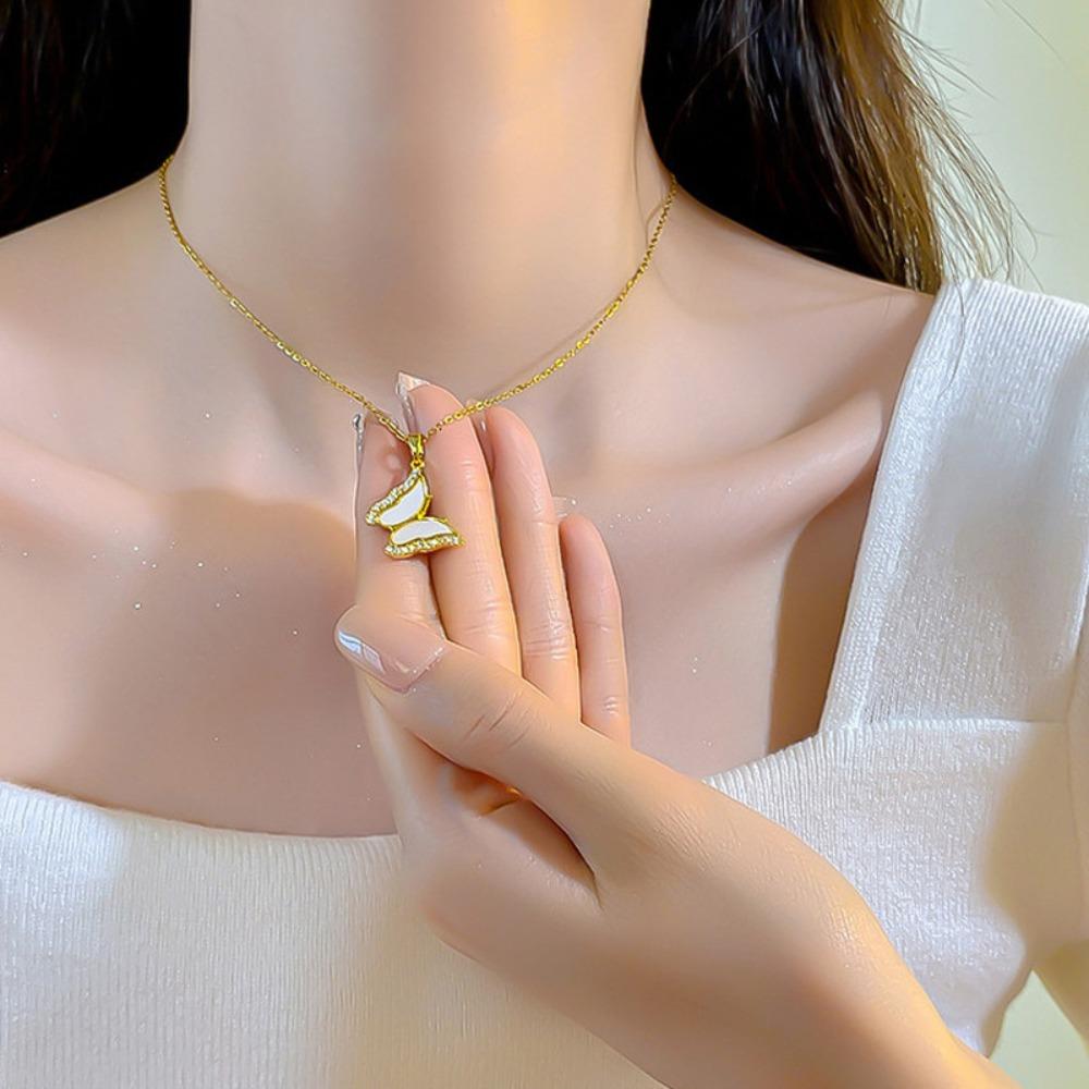 2026 Korean Minimalist White Butterfly Necklace - 18K Gold Plated Zircon Edged Pendant Collarbone Chain for Women Trendy Jewelry