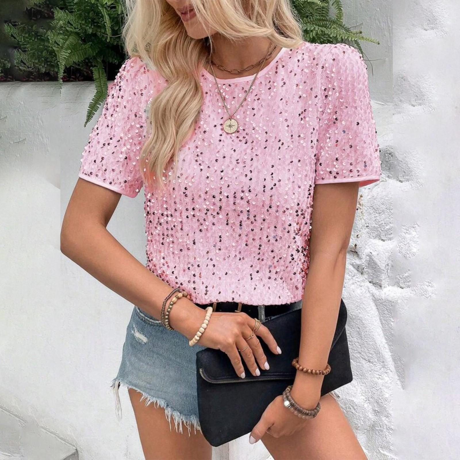 

Модные свободные топы с короткими рукавами и круглым вырезом для женщин с футболками с пайетками S розовый