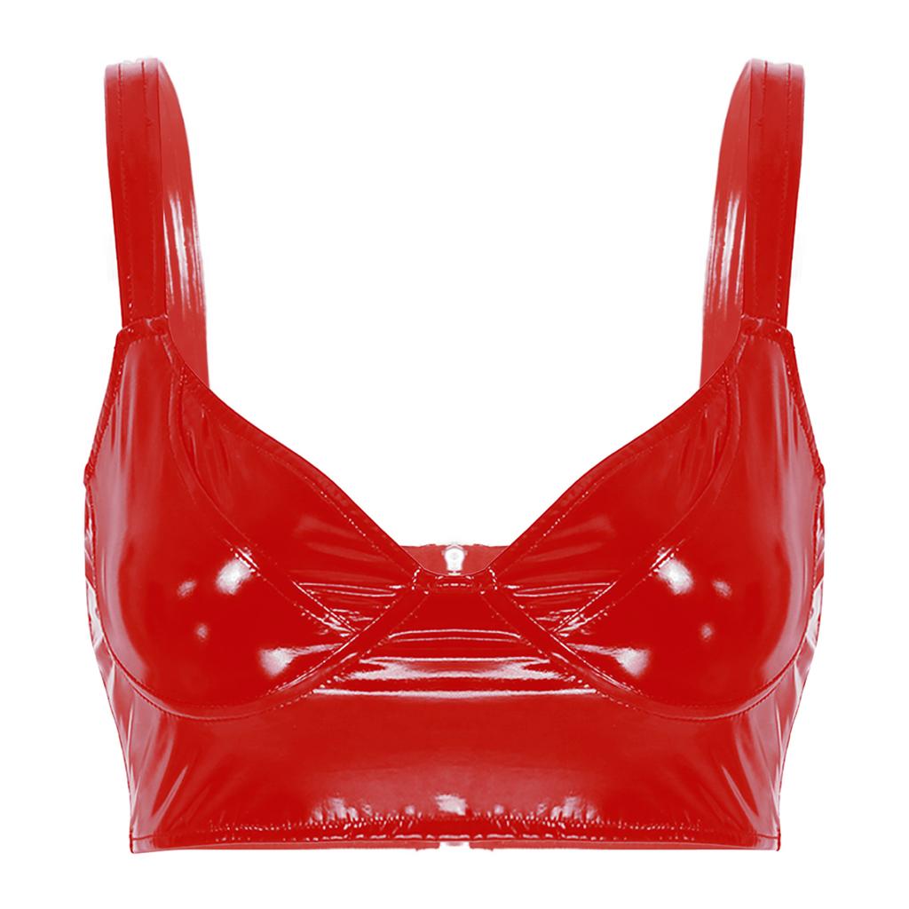 Dámská lesklá lakovaná podprsenka s výstřihem do V Top Široká ramenní ramínka Party Clubwear Topy Rave