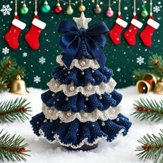 Handmade Crochet Christmas Tree DIY Xmas Tree Crochet Craft Starter Set with Bow And Faux Pearl for Beginners Knitting Holiday Decoration for