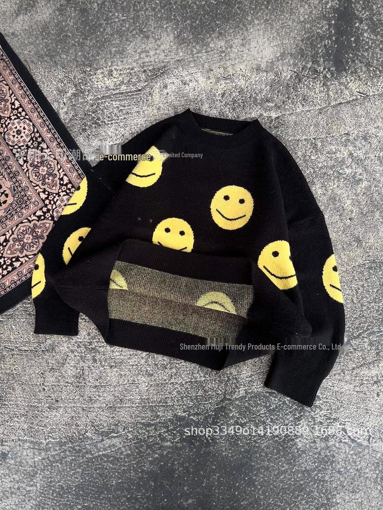 Unisex 3D Smiley Face Jacquard Loose Pullover