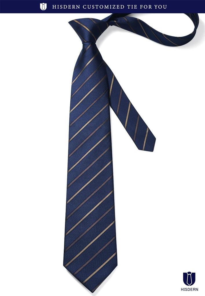 [HISDERN] Business Necktie for Men, Blue, Wedding, Tie and Pocket Square Set, Formal, Striped Pattern, Necktie for Job Hunting, Interviews, Entrance