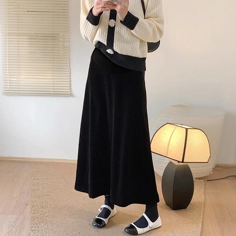 Maternity Velvet A-line Slit Midi Skirt - Spring/Summer 2026 High Waist Slimming Fit Extra Large чёрный