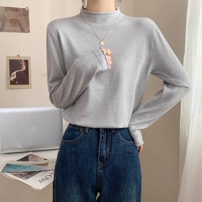 Spring black sweater women's high-end crimped inside knitted top semi-turtleneck temperament versatile bottoming shirt