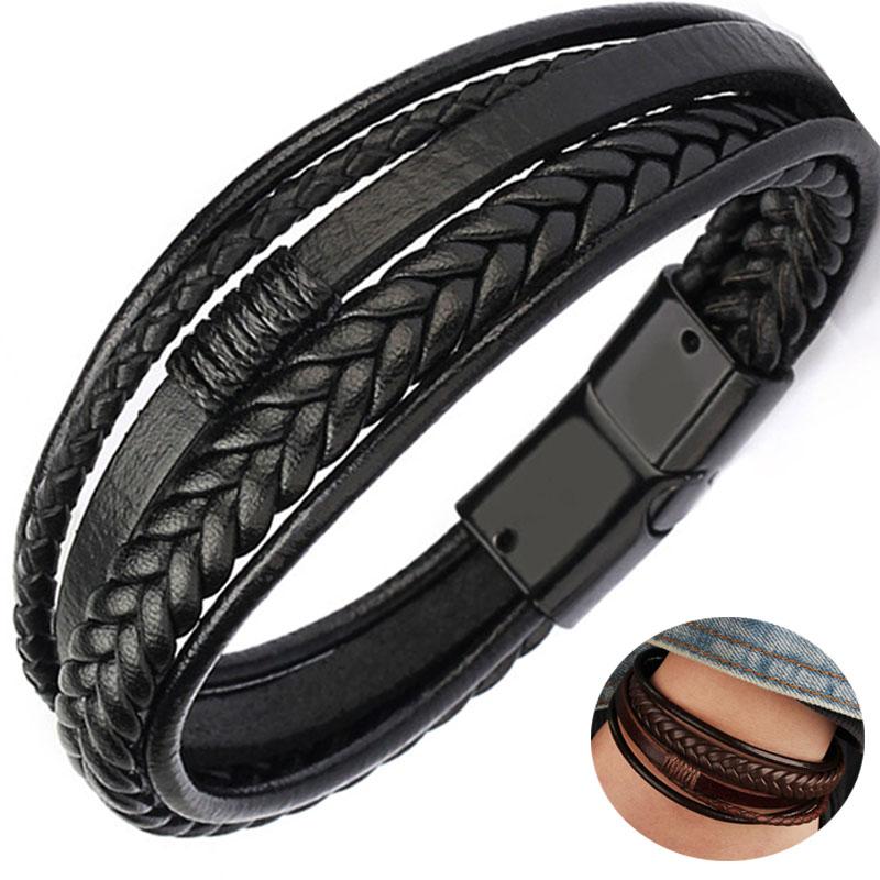 Men's Leather Bracelet Magnetic-Clasp Cowhide Braided Multi-Layer Wrap Bangle Stylish Accessory for Men