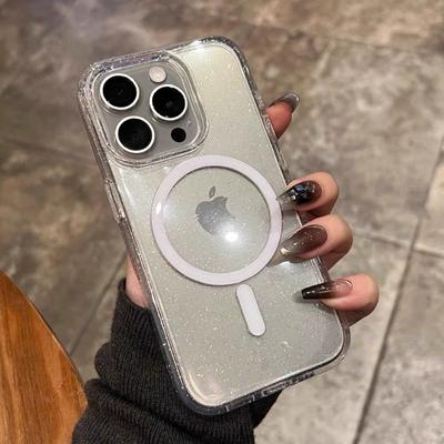 Lüks Bling Parıltılı Magsafe Kablosuz Şarj Manyetik Kılıf iPhone 15 14 Plus 13 12 11 Pro Max Şeffaf Sert Akrilik Kapak