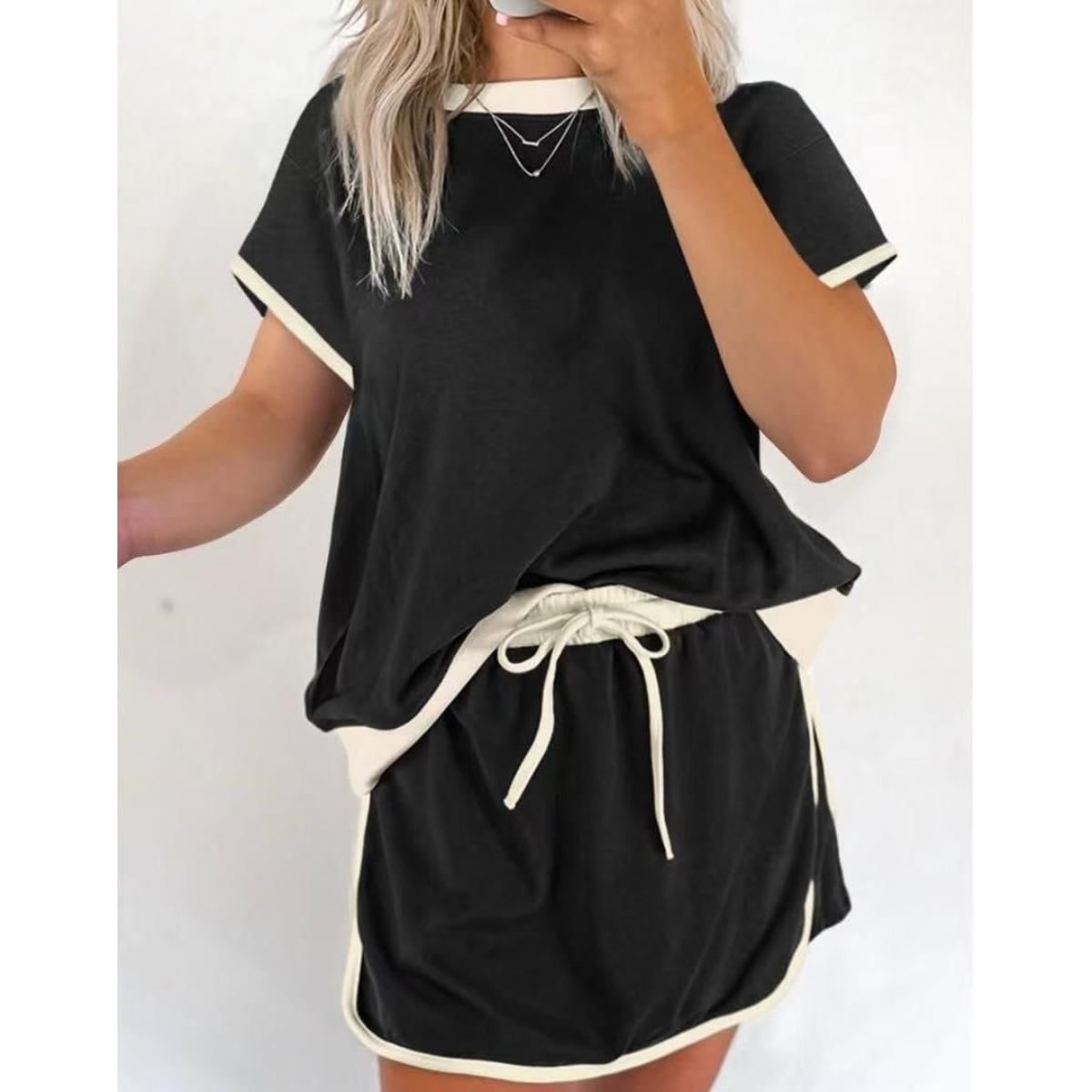 

Летний новый свободный спортивный повседневный европейский и американский модный комплект юбки с короткими рукавами и цветными блоками S чёрный