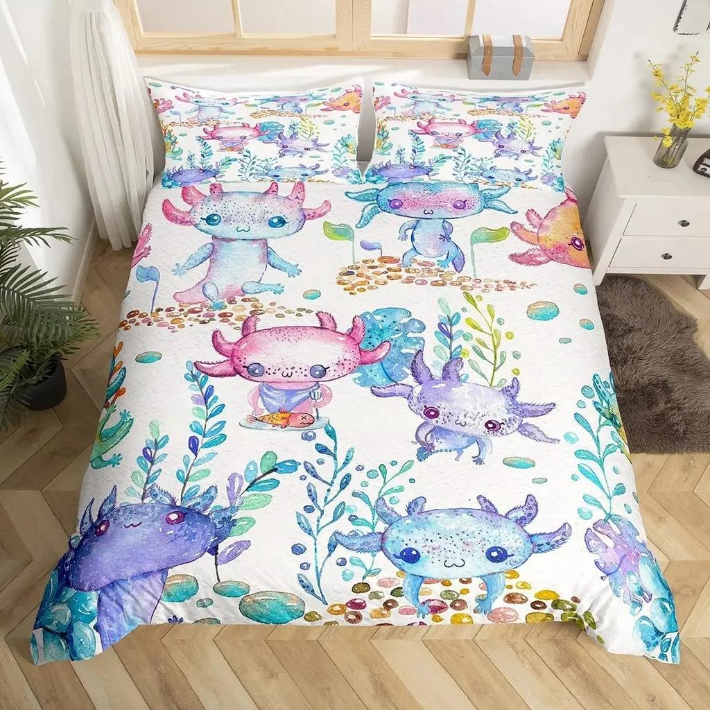 Cute Axolotl Bedding Set for Boys Girls Kawaii Reptiles Animal Comforter Cover Twin King Size Sea Wildlife Axolotl Duvet Cover