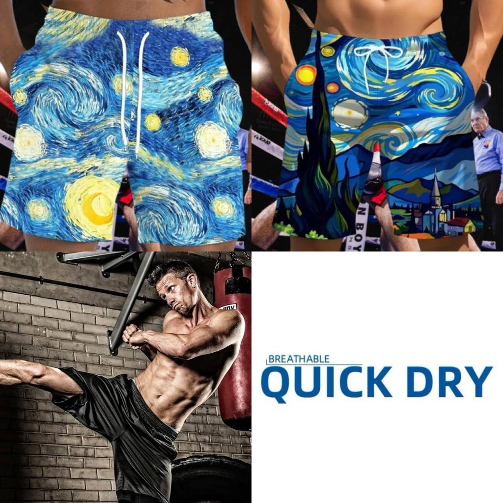 Van Gogh Starry Night Muay Thai Boxing Kickboxing Shorts 3D Print Training Unisex Men Women Quick Dry Fitness Gym Sport Workout Casual Streetwear