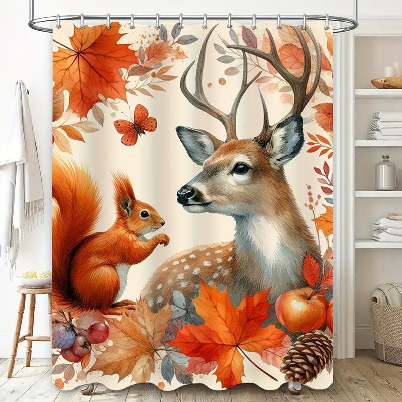 Autumn Leaves Decorative Shower Curtain Deer Squirrel Leaf Print Waterproof Bathroom Decor Modern Design