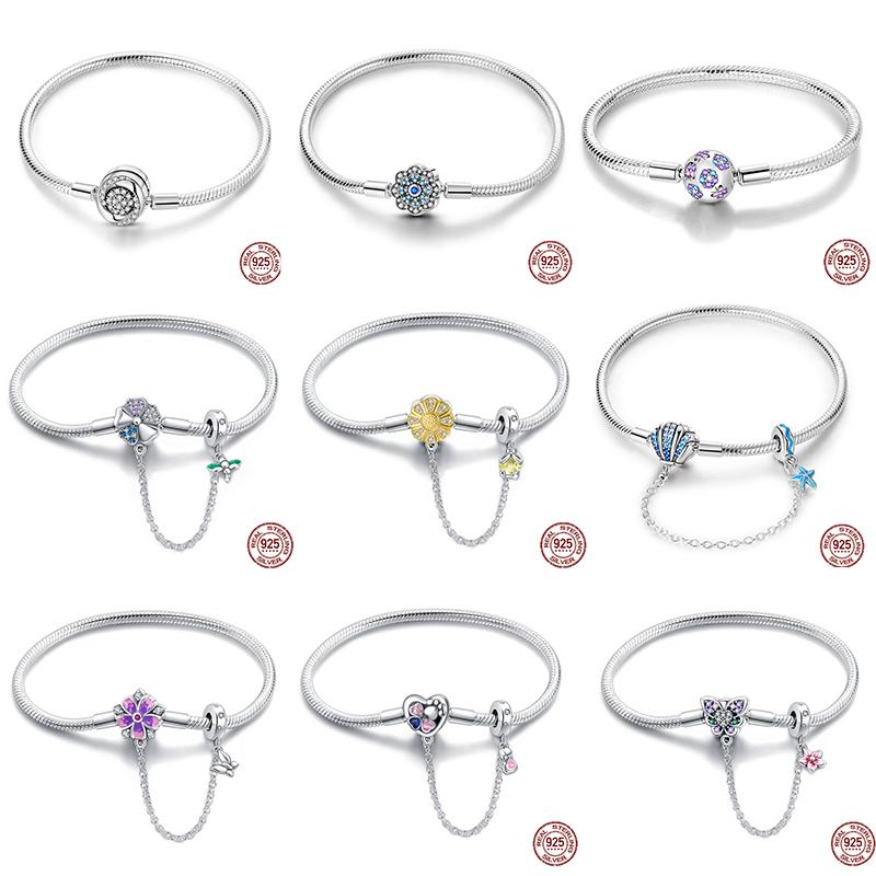

New 925 Sterling Silver Colorful Flower Butterfly Daisy Bracelets With Safety Chain Fit DIY Charms Beads Fine Birthday Jewelry