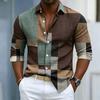 Men's Collar Long Sleeved Shirt with Color Block Splicing and Geometric Printing, Casual Loose Fit Shirt Suitable for Street and