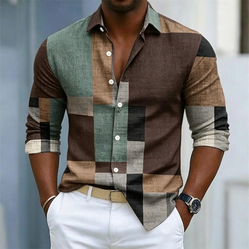 Men's Collar Long Sleeved Shirt with Color Block Splicing and Geometric Printing, Casual Loose Fit Shirt Suitable for Street and