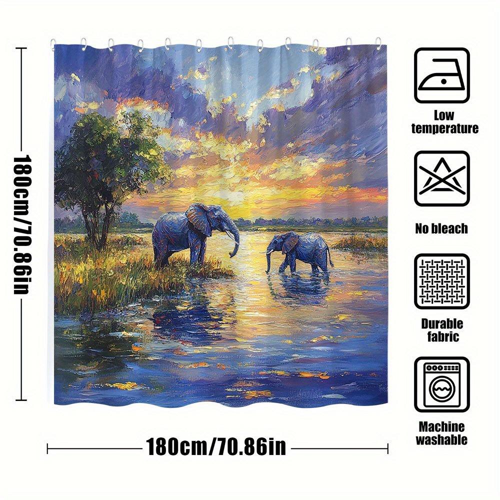 1Pc Extra Long Bathroom Curtain - African Savannah Sunset With Elephants, Machine-Washable Polyester Shower Curtain, Large Bath