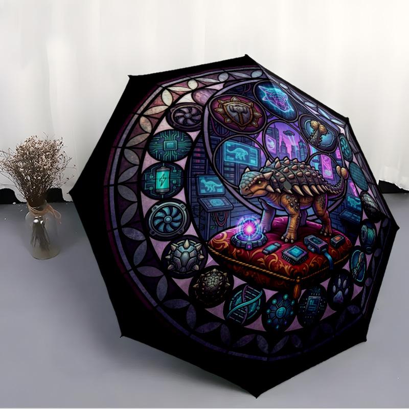 Cyber Dinosaur Glass pattern umbrella, portable and foldable design, 8 ribs, a casual accessory for Halloween, Christmas, and birthday gifts.