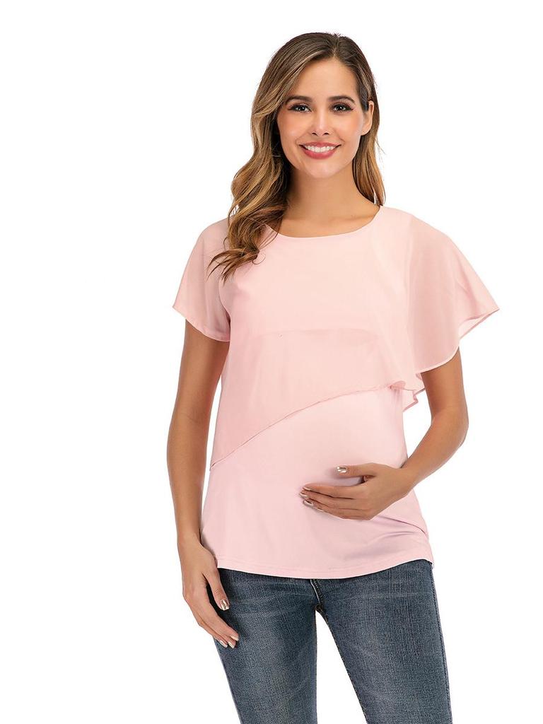 2023 Women's Chiffon Patchwork Maternity Nursing Top, Summer Short Sleeve
