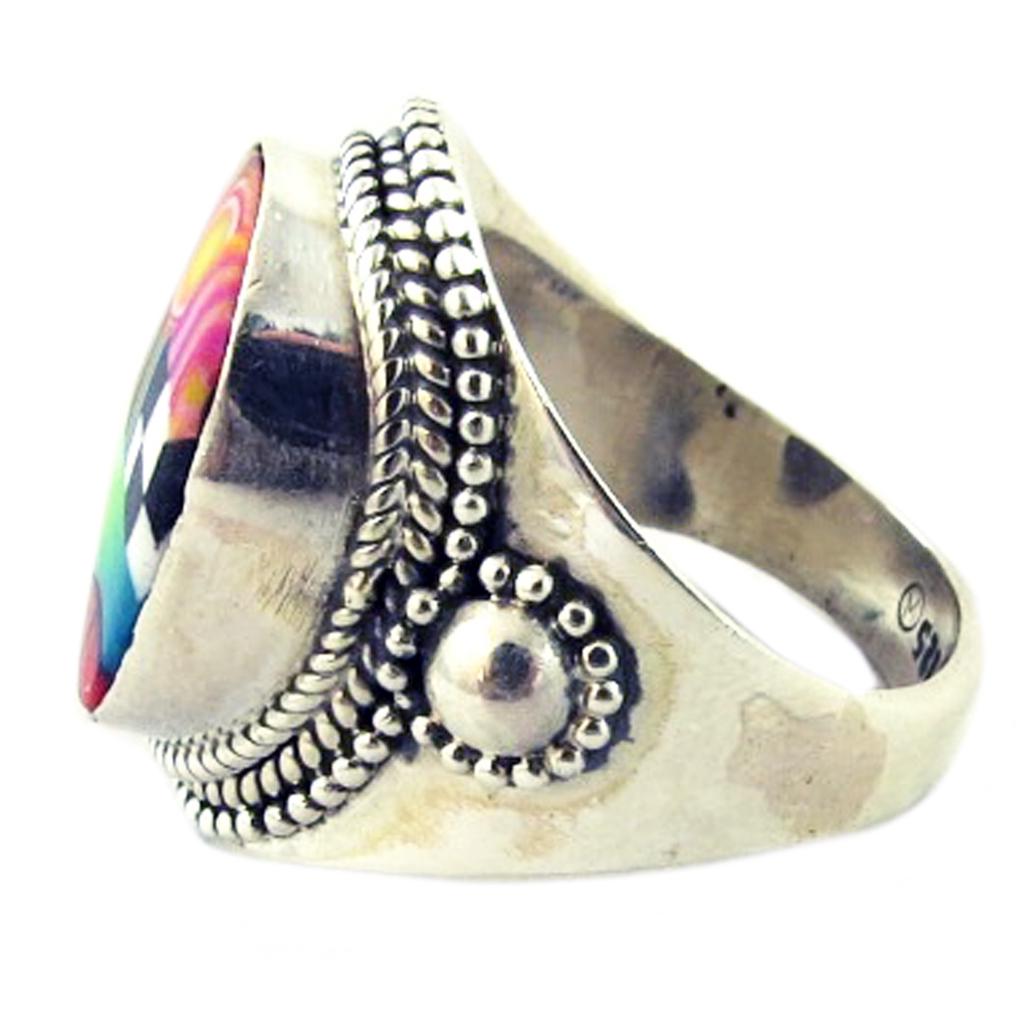 Les Trésors De Lily [P9849] - Artisanal Silver Ring 'Columbine & Harlequin' Multicolored Silver - 22x13 Mm