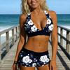 Women Two Piece Bikini Set Drawstring Boxer Shorts Swimsuit Halter Neck Top with Removable Padding Wireless Support Floral Print