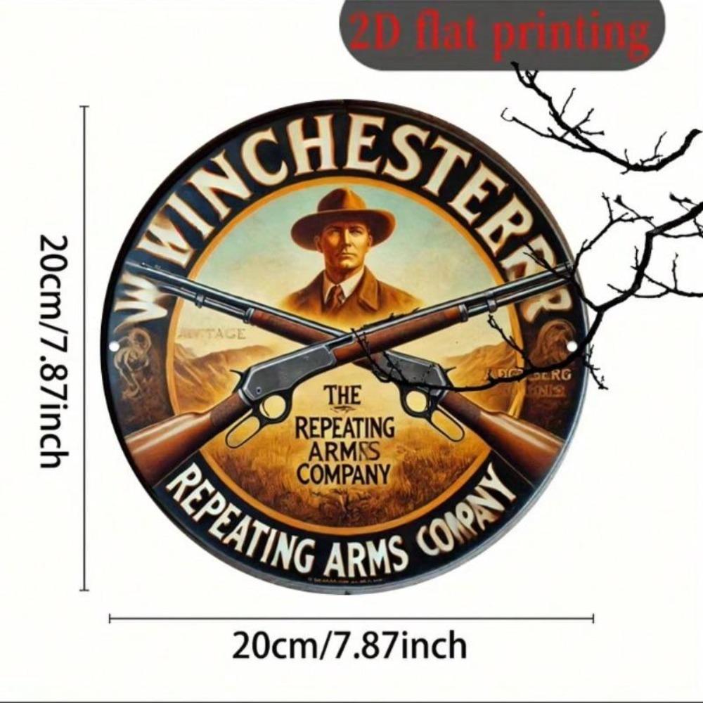 Winchester Repeating Arms Vintage 2D Aluminum Plaque Round Metal Sign Western Bar Home Shotgun Decor 8x8 Inch