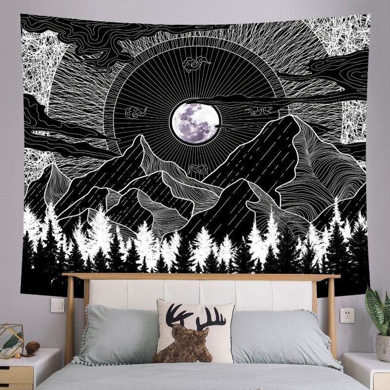 Black White Starry Mountain Moon Wall Tapestry Night Sky Pine Tree Forest Landscape Line Art Minimalist Nature Decor Soft
