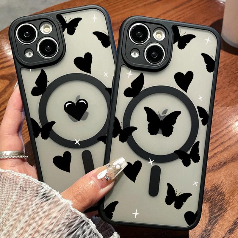 

Магнитный черный чехол для Iphone 15 14 12 13 Samsung S24 S23 Fe S22 с ультра-цветочным принтом, чехол с деревьями, бабочками и сердечками