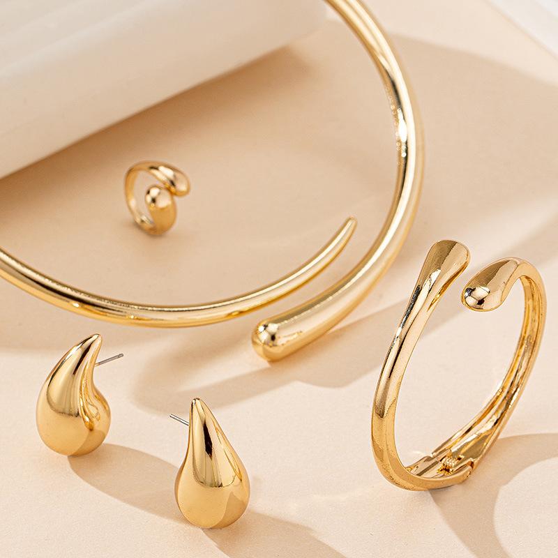 European and American Trend Water Drop Design Collar Bracelet Stud Earrings Ring Set Retro Simple and Elegant Jewelry