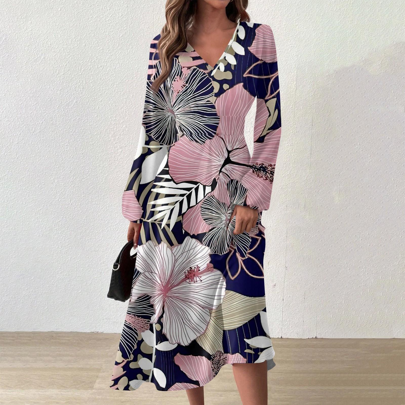 

Жіноча осінньо-зимова повсякденна модна довга сукня з V-подібним вирізом і довгими рукавами з квітковим принтом S