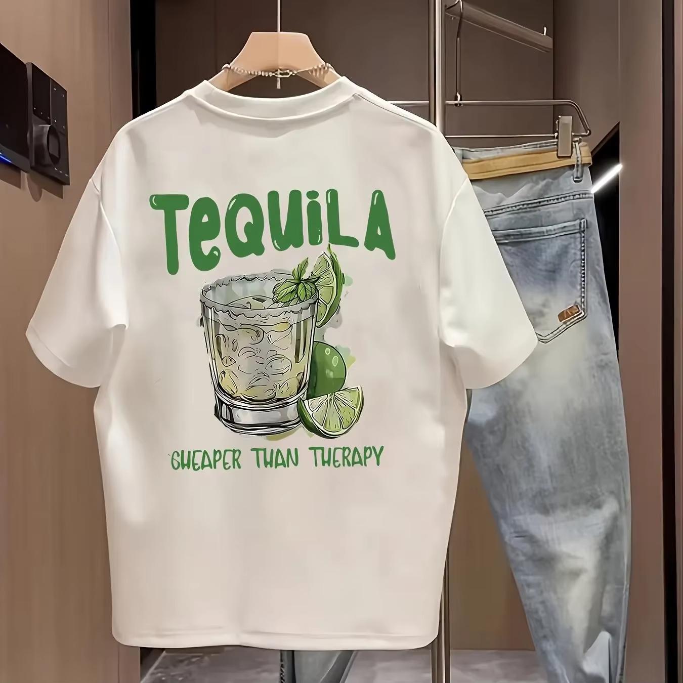 Unisexs Summer Graphic Tees Tequila Print Humorous Slogan Cheaper Than Therapy Lime Slice Party Streetwear Cotton Tops 4XL