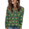 Women's Fashionable Loose-Fit V-Neck Long-Sleeved T-Shirt Christmas Print Pullover