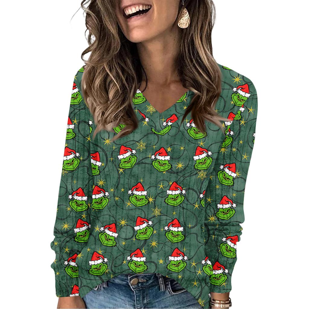Women's Fashionable Loose-Fit V-Neck Long-Sleeved T-Shirt Christmas Print Pullover