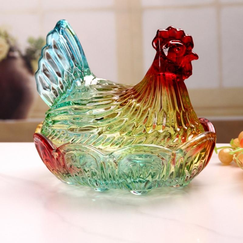 Plat à bonbons en verre cristal forme poulet, Bol à bonbons rétro avec couvercle, Assiette à dessert Bol à snacks Ornement pour décorations de maison