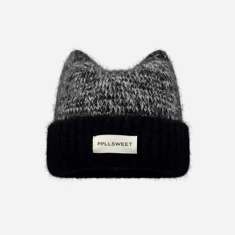Fuzzy Knit Cat-Ear Beanie Warm Plush Lined Thermal Winter Hat for Women Casual Street Wear Outdoor Daily Use
