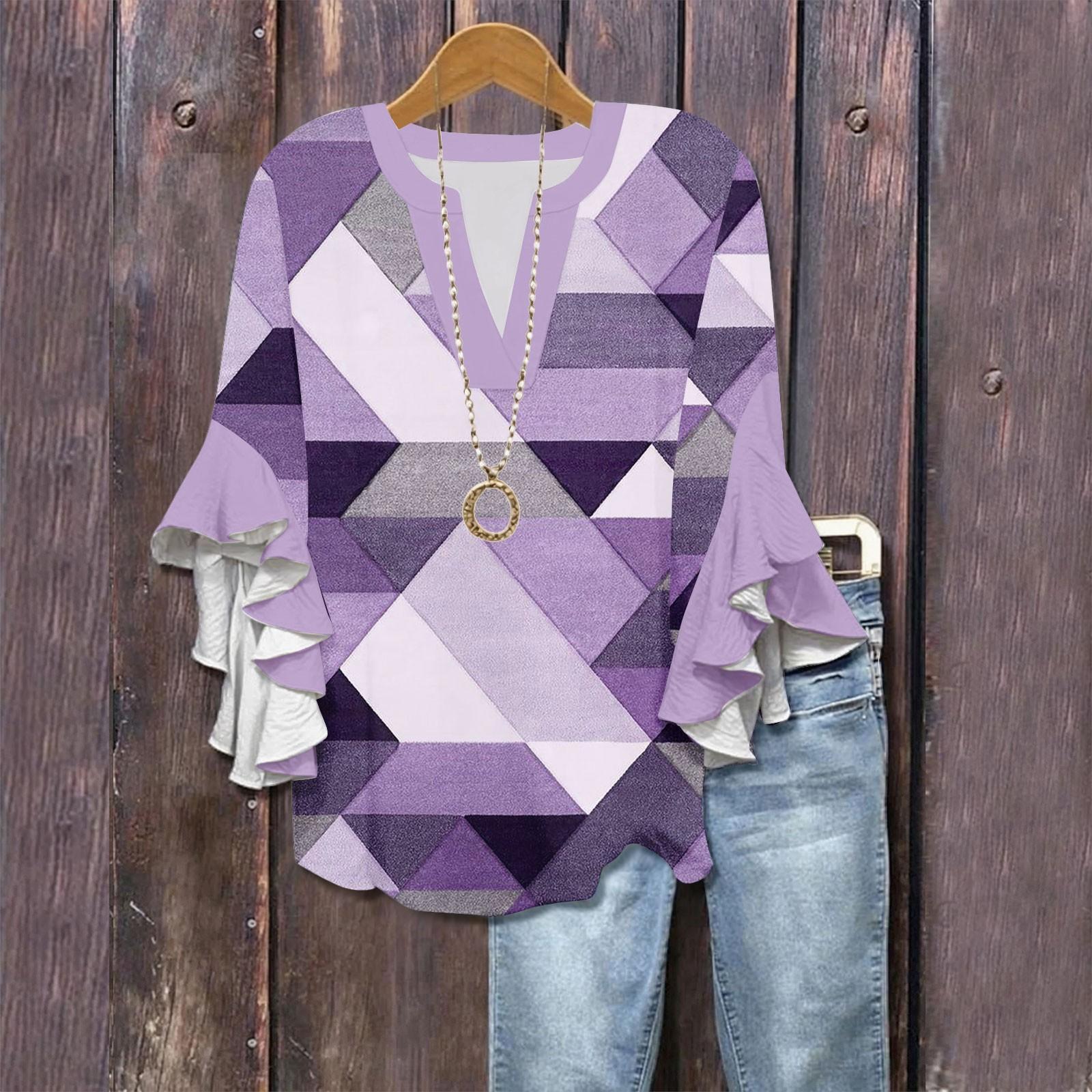 

Рубашки с рукавами 3/4 для женщин, симпатичные футболки с графическим принтом, блузки, повседневные, больших размеров, базовые топы с оборками на рукавах, пуловеры S фиолетовый